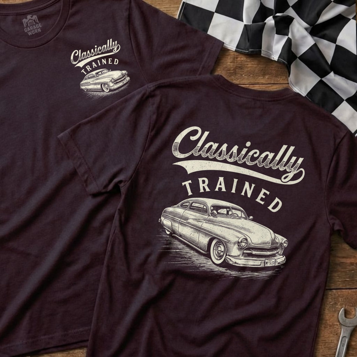 T-shirt graphic with text "Classically Trained" and vintage car illustration.