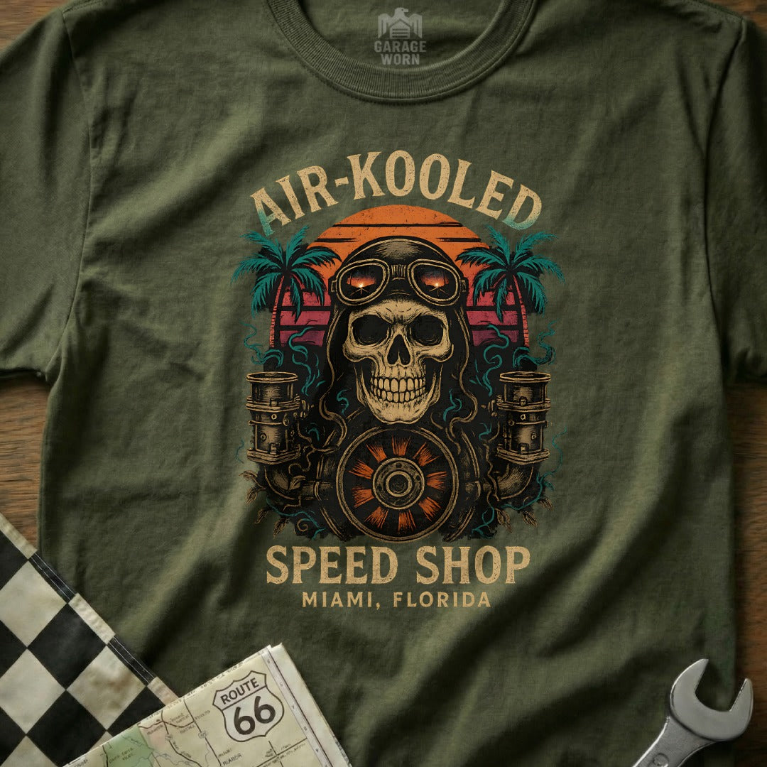 Skull with goggles and pipes, AIR-KOOLED SPEED SHOP MIAMI, FLORIDA text.