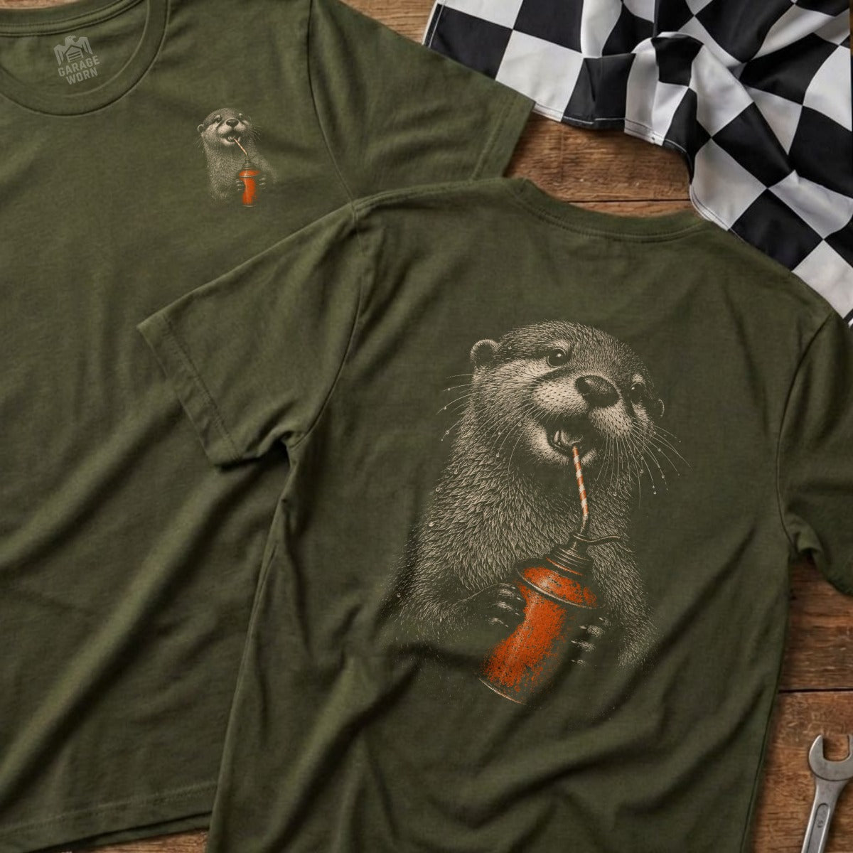 Olive green t-shirt with a vintage illustration of an otter drinking from an oil can.
