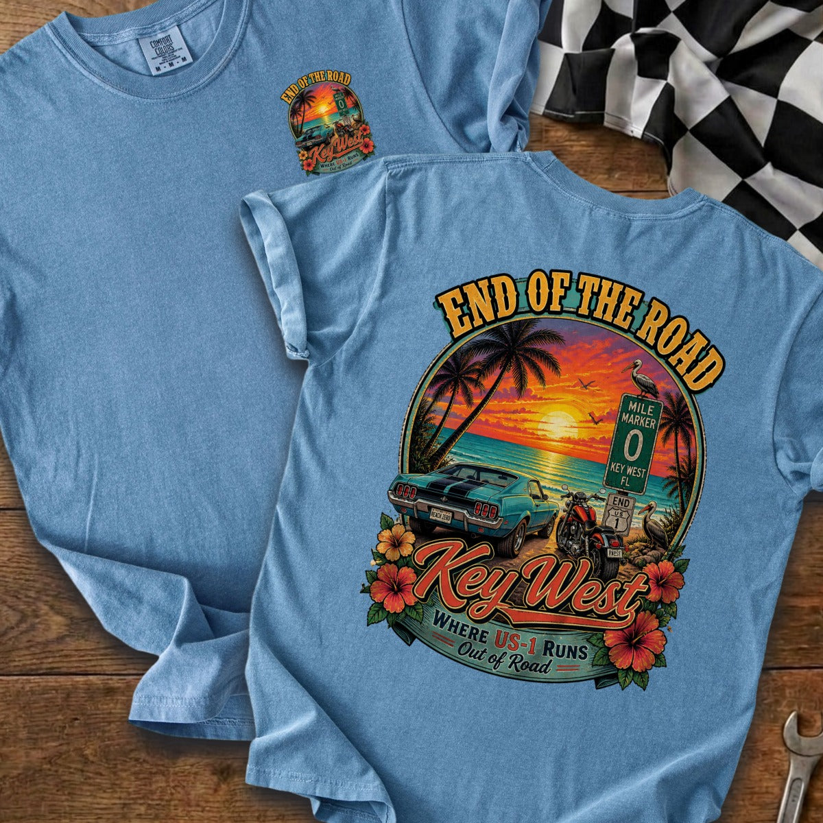 Light blue t-shirt with "End of the Road Key West" graphic.