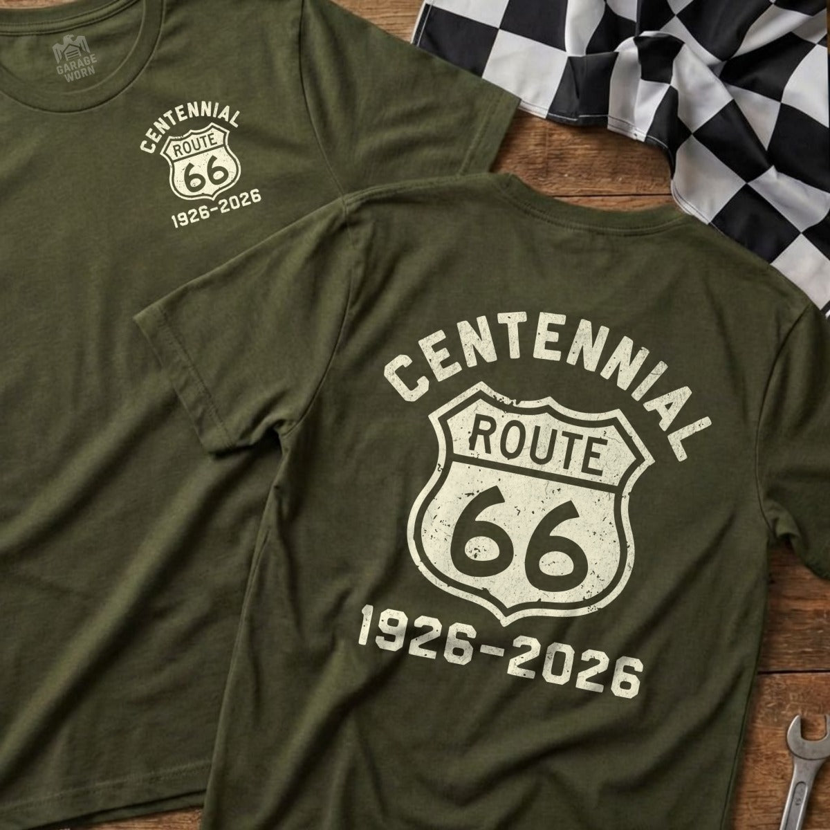 Olive green t-shirt with Route 66 Centennial 1926-2026 logo on back.