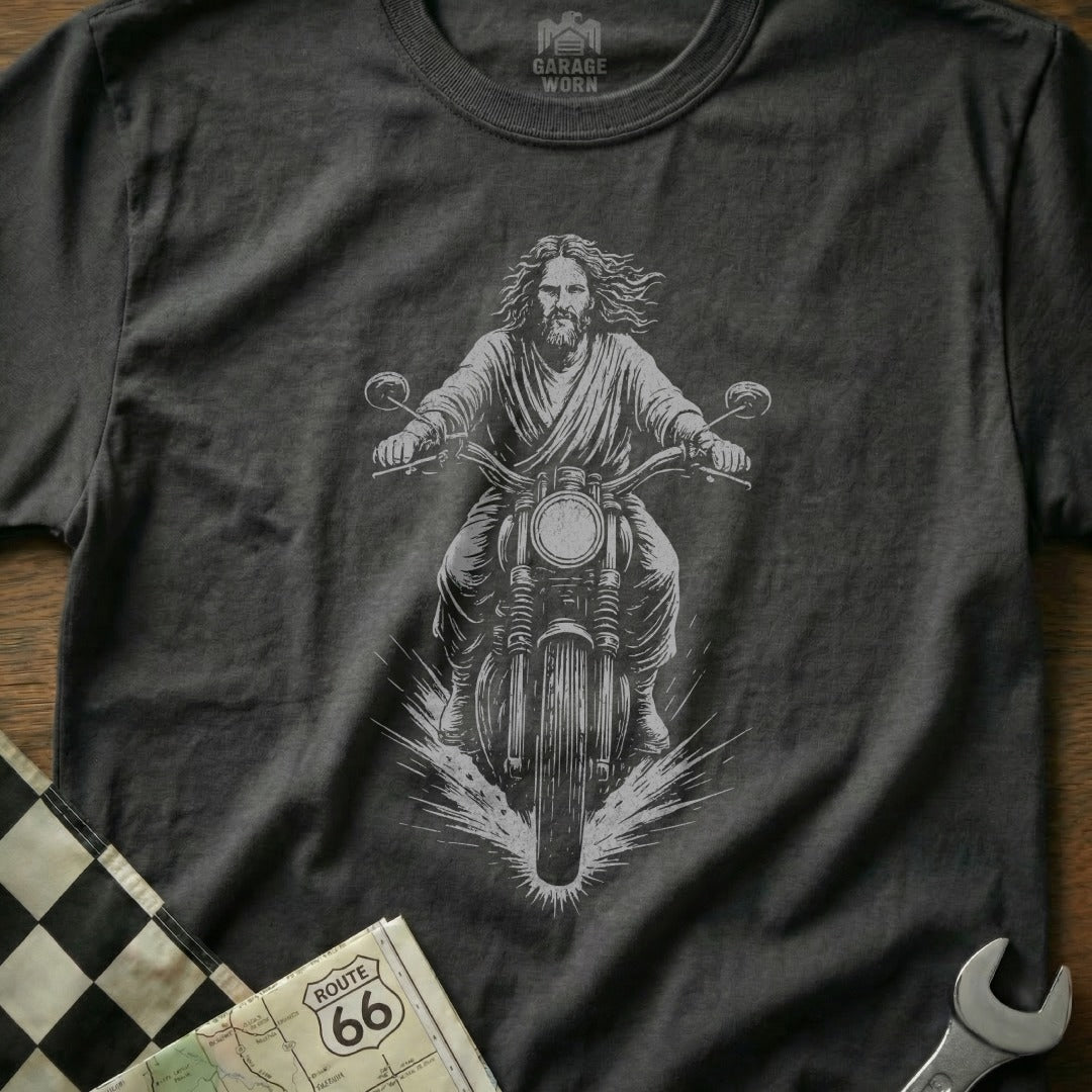 Jesus Riding Motorcycle Route 66 Graphic T-shirt
