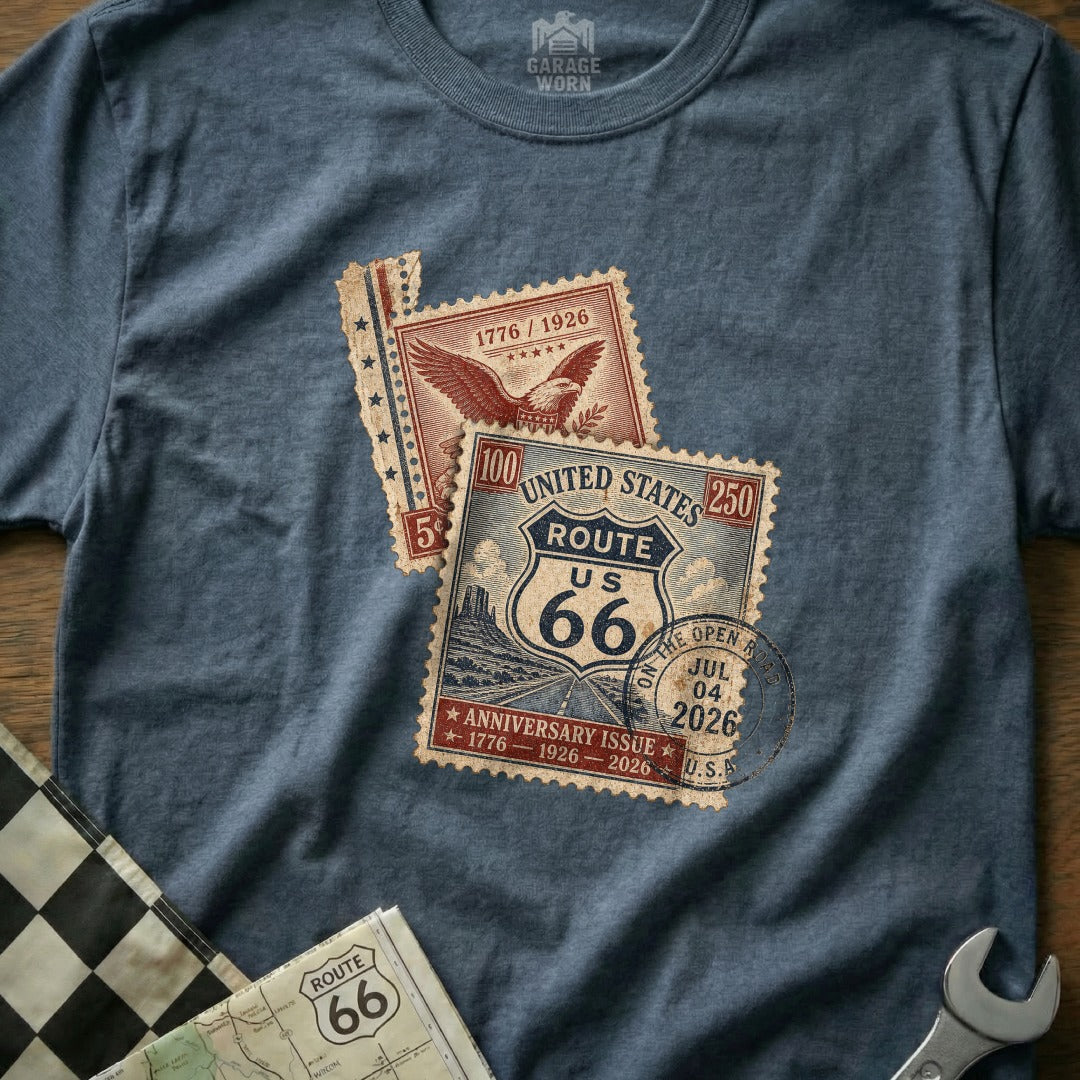 Blue t-shirt featuring Route 66 anniversary stamp designs.