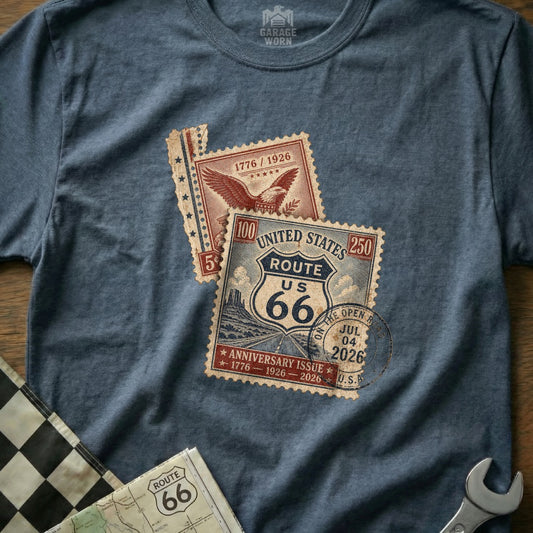 Blue t-shirt featuring Route 66 anniversary stamp designs.