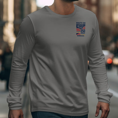Gray long sleeve shirt with Route 66 Centennial and America's Anniversary graphics.