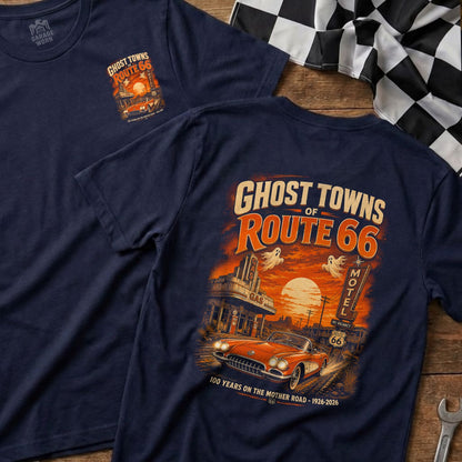 Navy t-shirt with "Ghost Towns of Route 66" graphic featuring a vintage car and gas station.