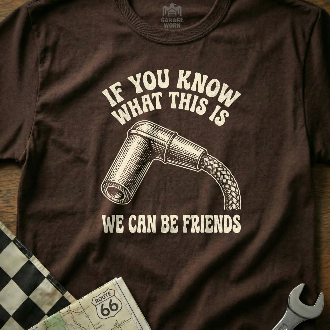 Brown t-shirt with spark plug graphic and text "If you know what this is we can be friends."