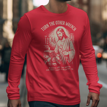 Red long-sleeve shirt with Jesus holding a wrench and text saying "Turn the other wrench".