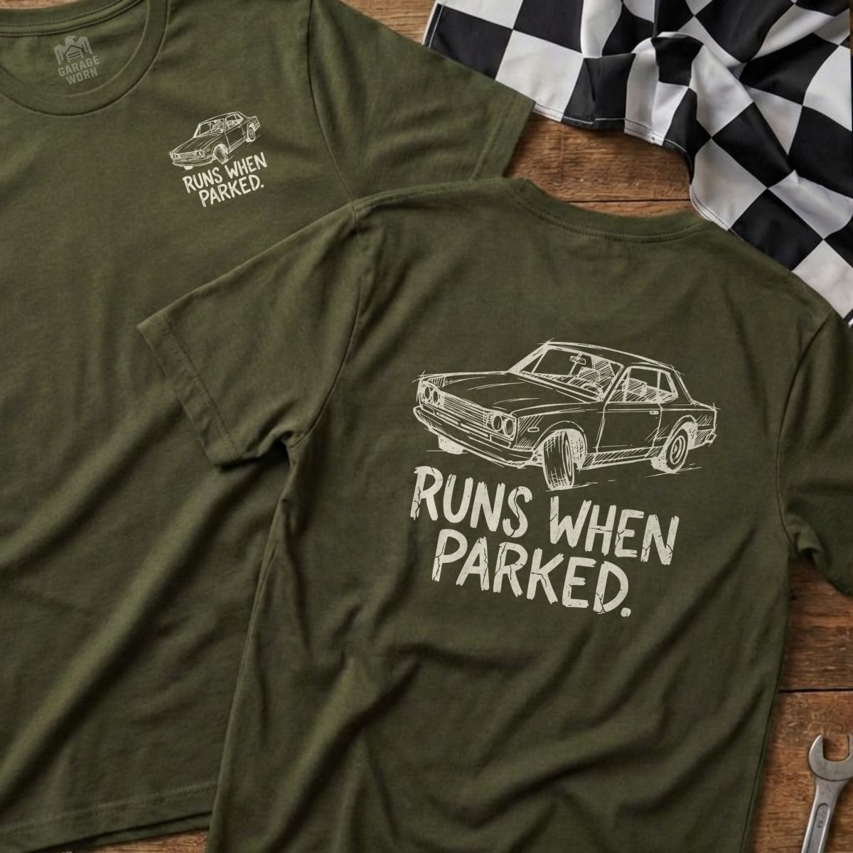 Olive green t-shirt with "RUNS WHEN PARKED" text and car graphic.