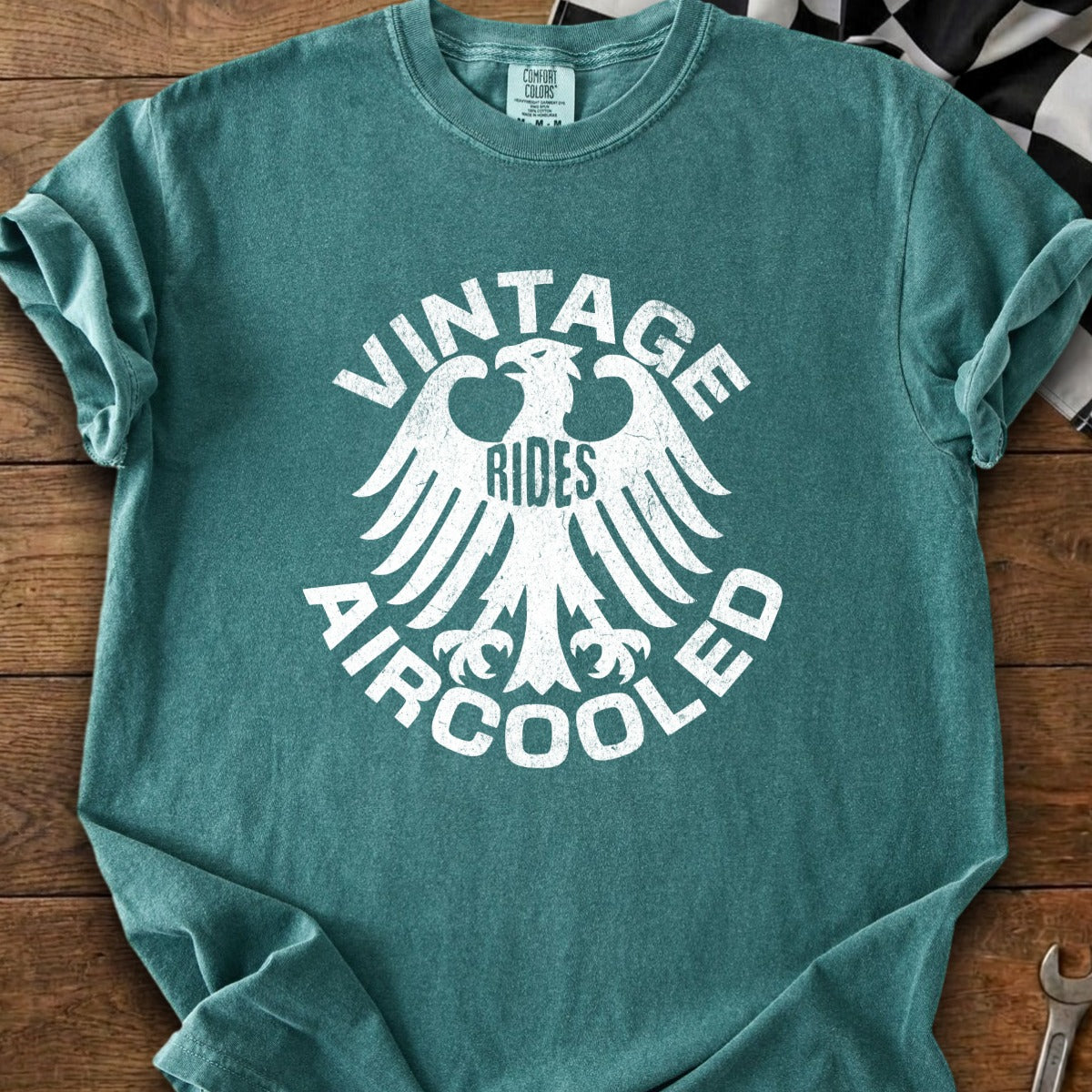 Teal t-shirt with white distressed eagle graphic and text "Vintage Rides Aircooled".