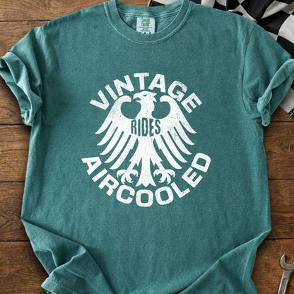 Teal t-shirt with white distressed eagle graphic and text "Vintage Rides Aircooled".