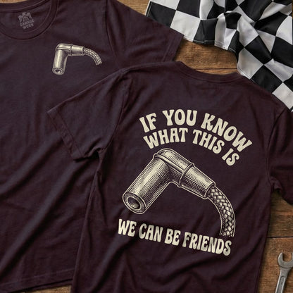 Maroon t-shirt with spark plug graphic and "If you know what this is we can be friends" text.
