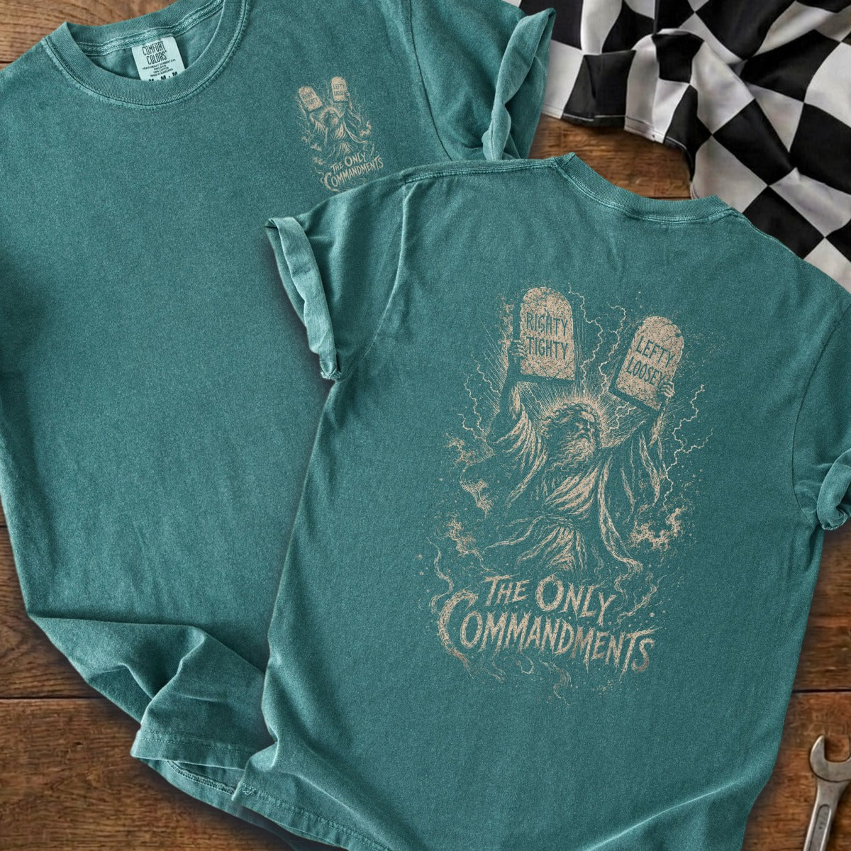 Teal t-shirt with "The Only Commandments" graphic featuring Moses holding tablets.