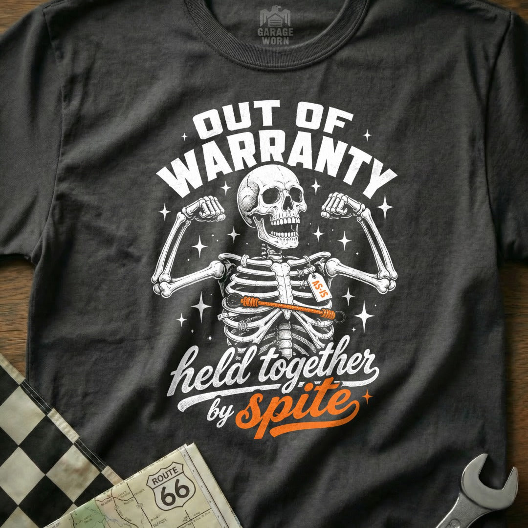 Skeleton flexing, "Out of Warranty, Held Together by Spite" text.