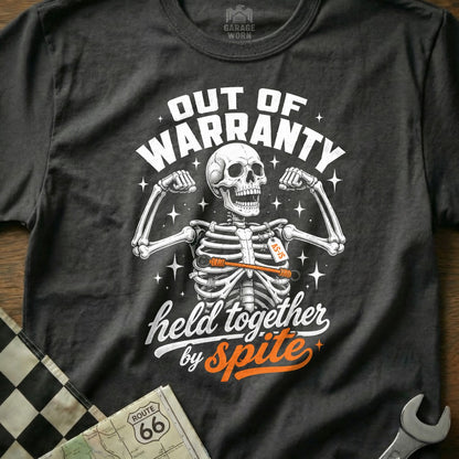 Skeleton flexing, "Out of Warranty, Held Together by Spite" text.