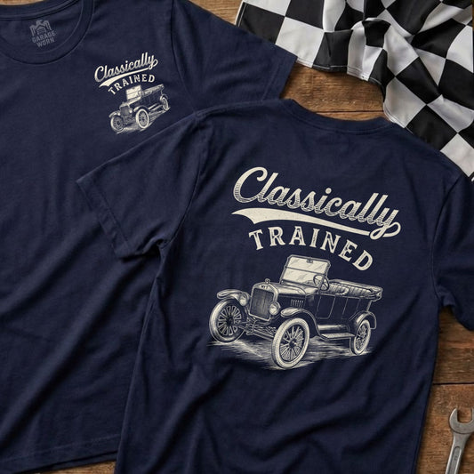 Navy t-shirts with "Classically Trained" text and a vintage car graphic.