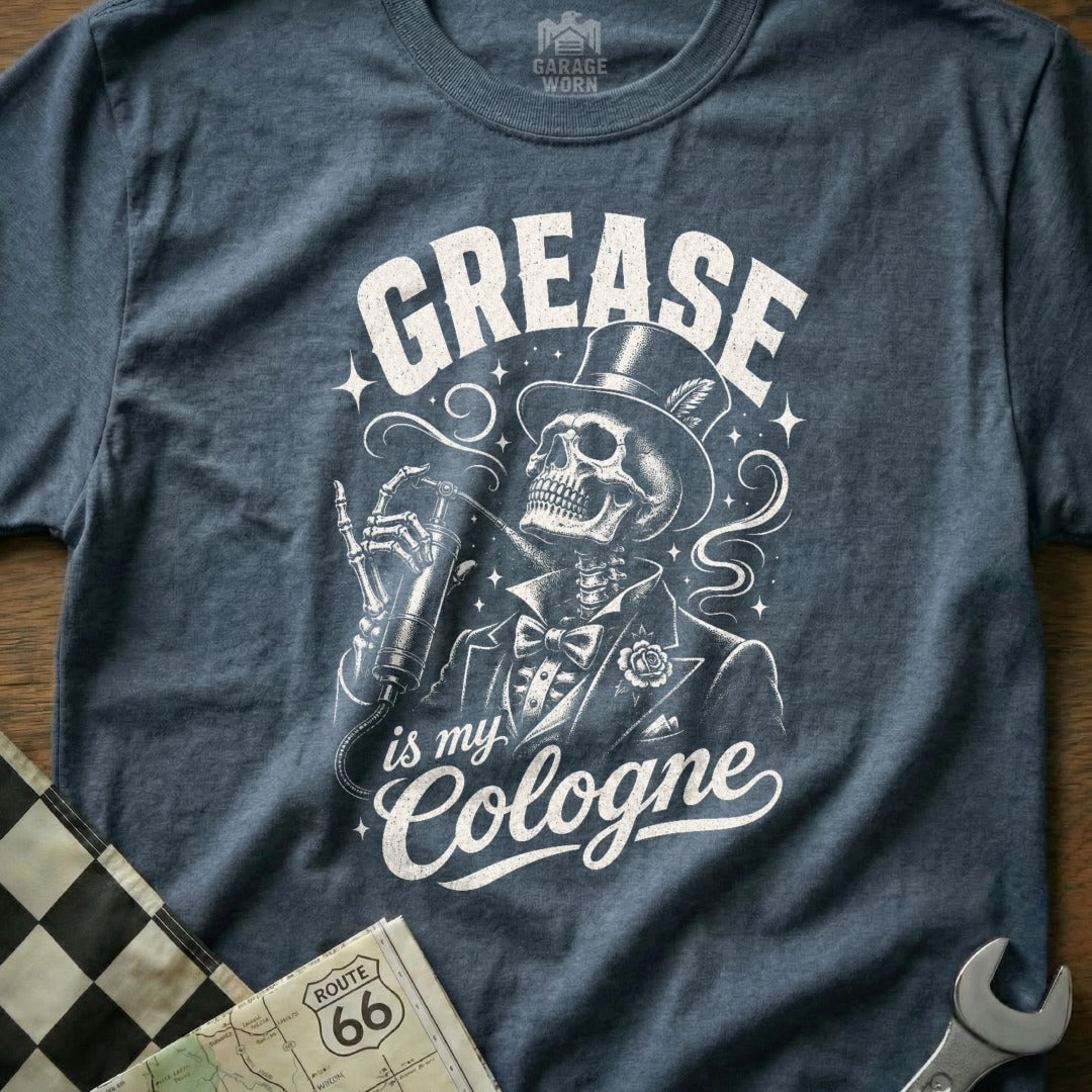 Skeleton in top hat and suit sprays grease: "Grease is my Cologne"