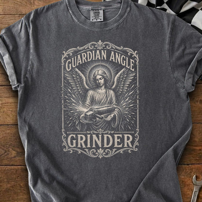 T-shirt graphic featuring winged figure with angle grinder, text reads "GUARDIAN ANGLE GRINDER".