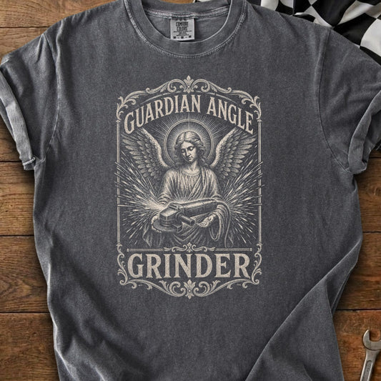 T-shirt graphic featuring winged figure with angle grinder, text reads "GUARDIAN ANGLE GRINDER".