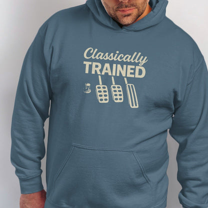 Blue hoodie with "Classically Trained" text and car pedals graphic.