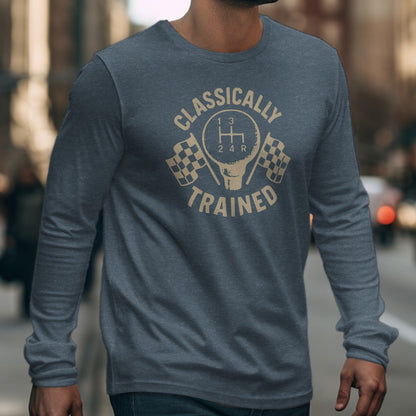 Long sleeve grey t-shirt with graphic of gear shift and flags, "Classically Trained".