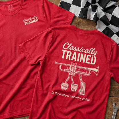 Red t-shirt with "Classically Trained" and trumpet with pedals.