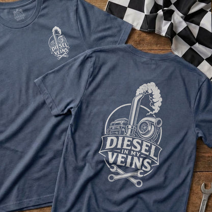 Blue t-shirt with "DIESEL IN MY VEINS" graphic featuring a truck, turbo, and wrenches.