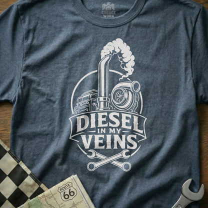 T-shirt graphic features "DIESEL IN MY VEINS" text with engine parts.