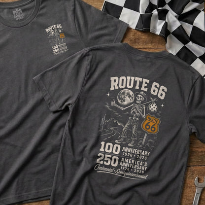 Dark gray t-shirt with skeleton hitchhiking graphic for Route 66 100th anniversary.