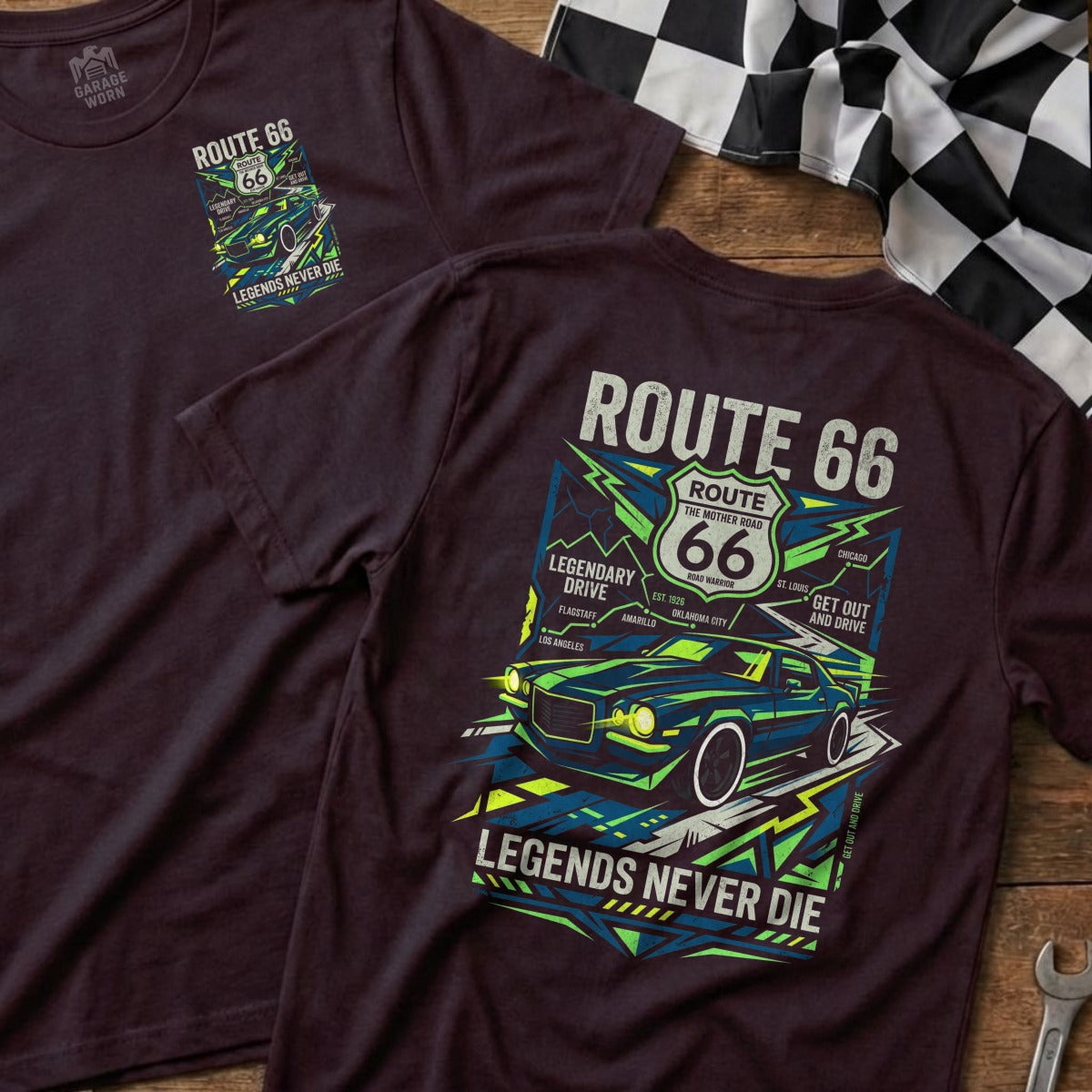 Dark t-shirt with Route 66 graphic featuring a classic car and text.