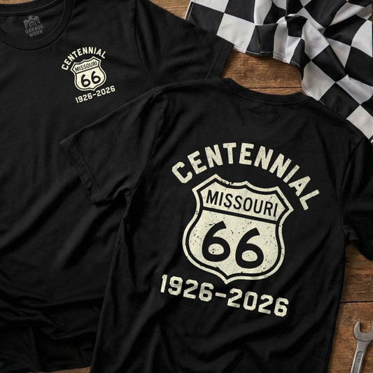 Black t-shirt with Route 66 Missouri centennial graphic.