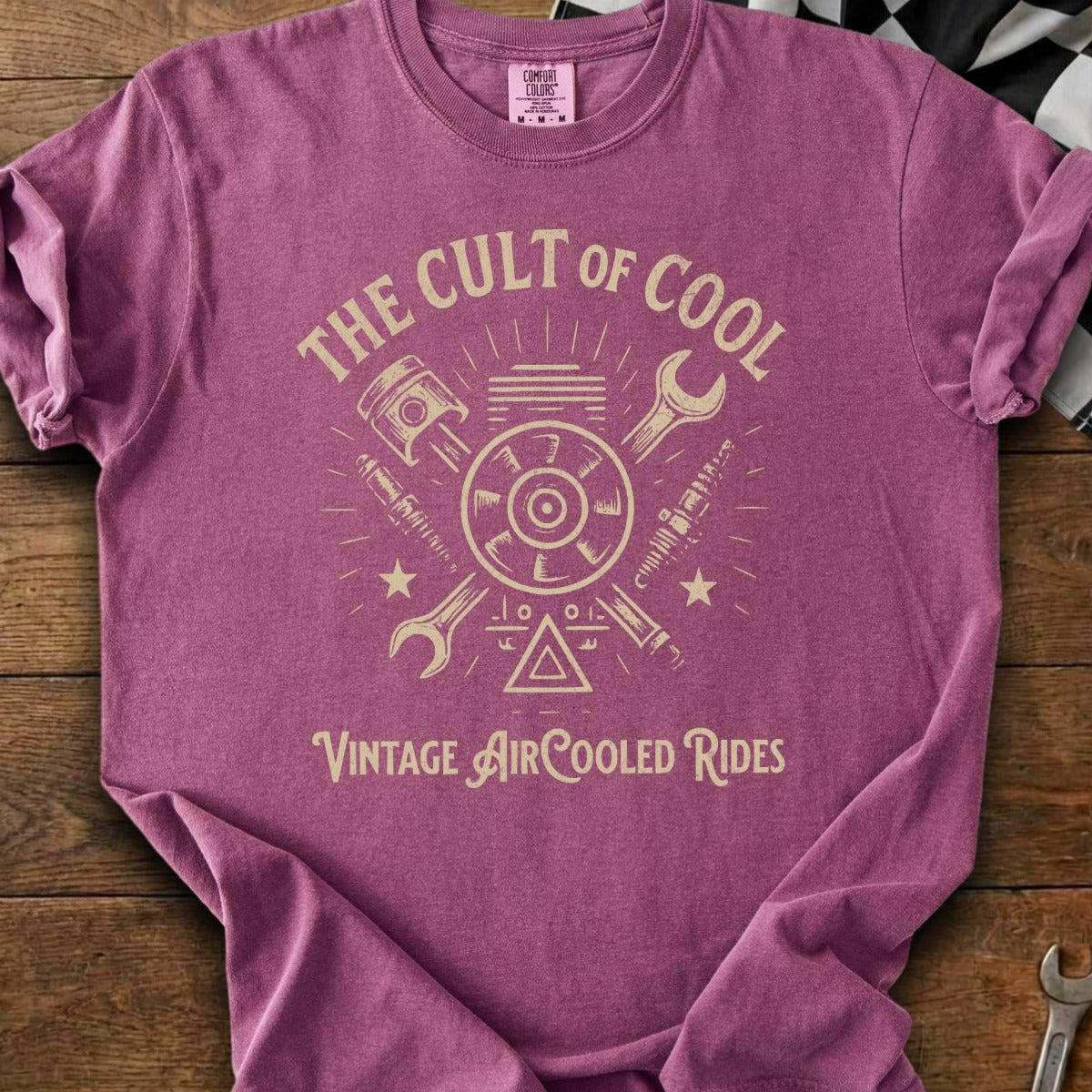 Purple t-shirt with "The Cult of Cool Vintage Air-Cooled Rides" graphic.