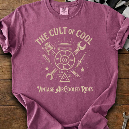 Purple t-shirt with "The Cult of Cool Vintage Air-Cooled Rides" graphic.