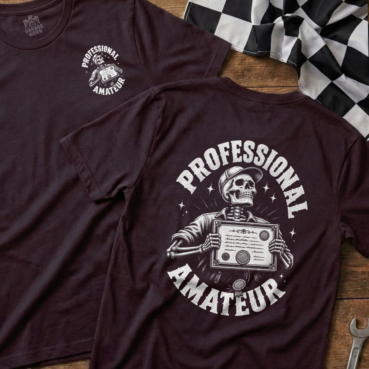 Skeleton holding a certificate on a dark purple t-shirt with "PROFESSIONAL AMATEUR" text.