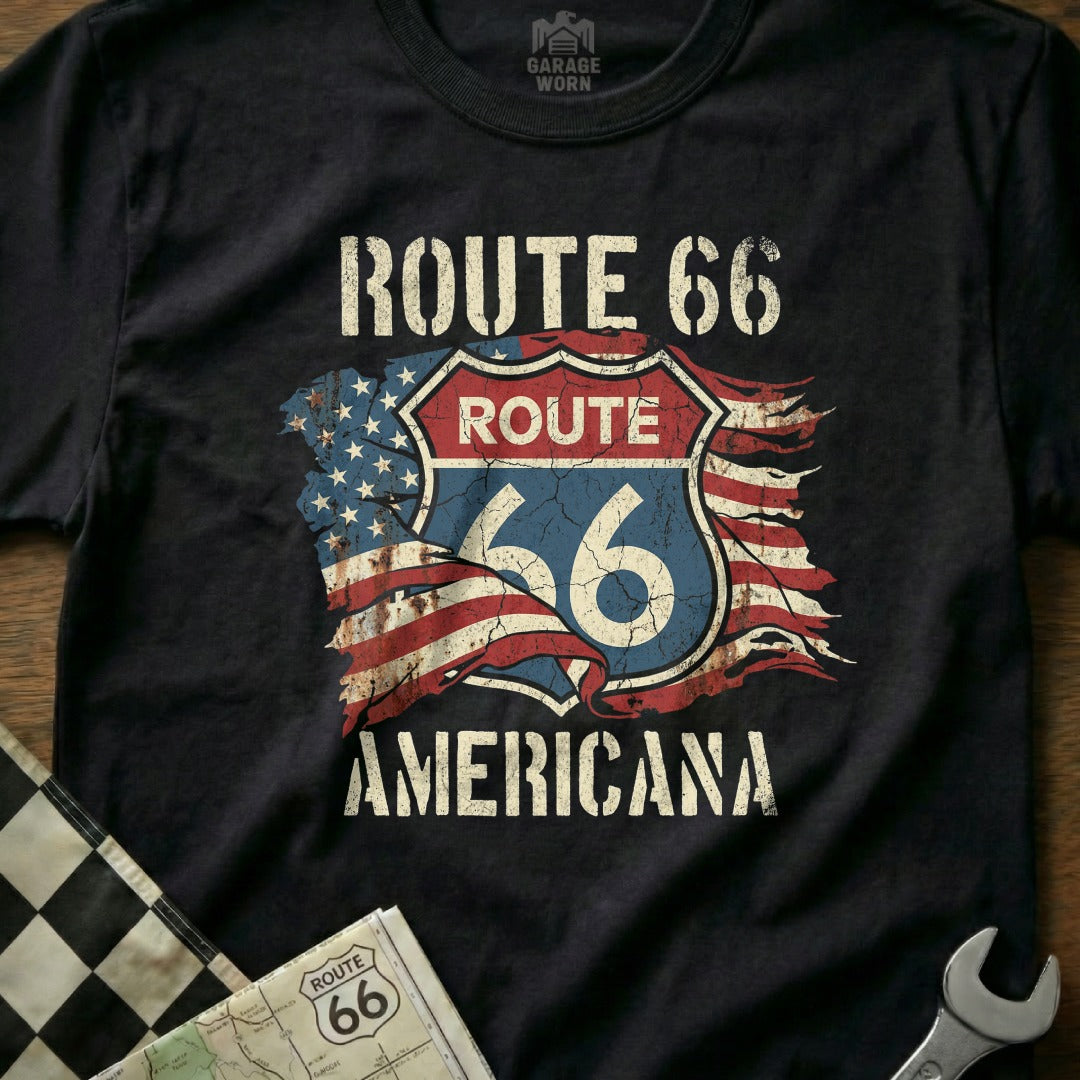 Route 66 Americana shield logo with distressed US flag on black t-shirt.