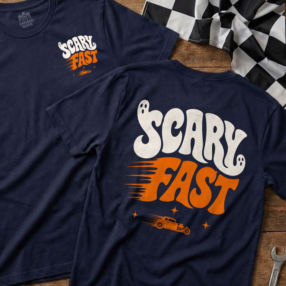 Navy t-shirt with "SCARY FAST" text, ghosts, and a hot rod graphic.