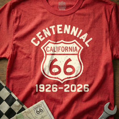 Red t-shirt with "Centennial California Route 66 1926-2026" graphic.