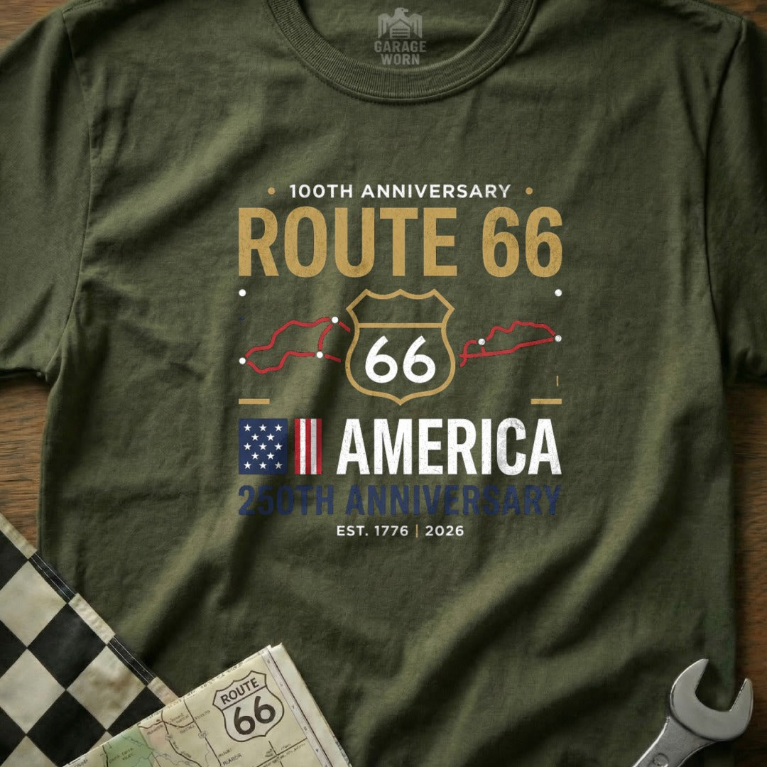 Olive t-shirt with Route 66 100th and 250th anniversary graphics.