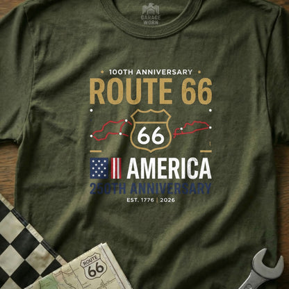 Olive t-shirt with Route 66 100th and 250th anniversary graphics.