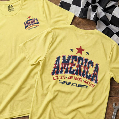 Yellow t-shirts with "America Quarter Millennium" text and patriotic stars.