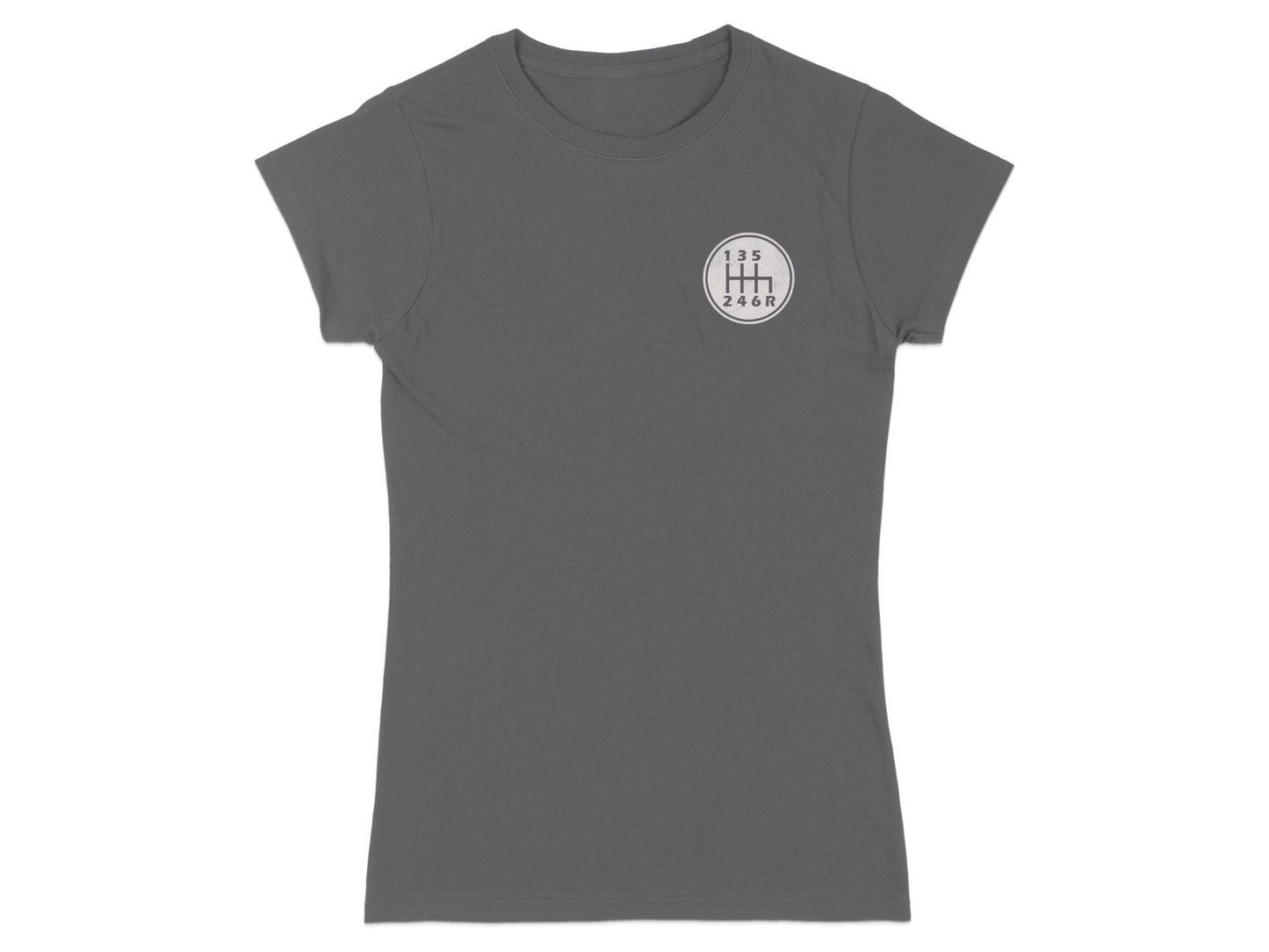 Dark gray t-shirt with a white manual transmission shift pattern graphic.