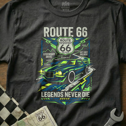 Route 66 graphic tee with car and key cities.