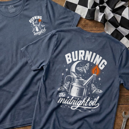 T-shirt with "Burning the midnight oil" graphic featuring moths and a candle.