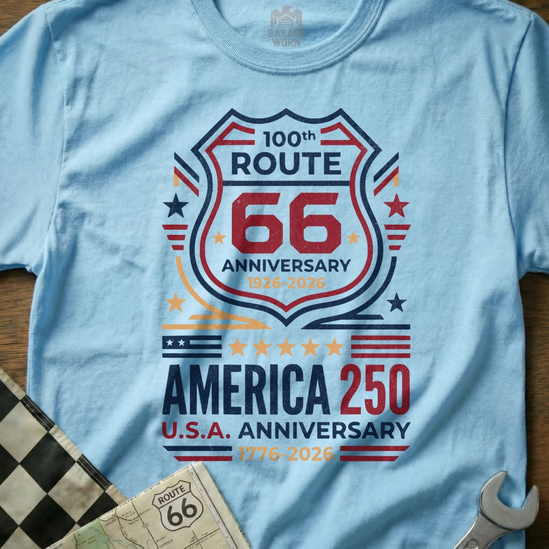 Light blue t-shirt with Route 66 and America 250 anniversary graphic.