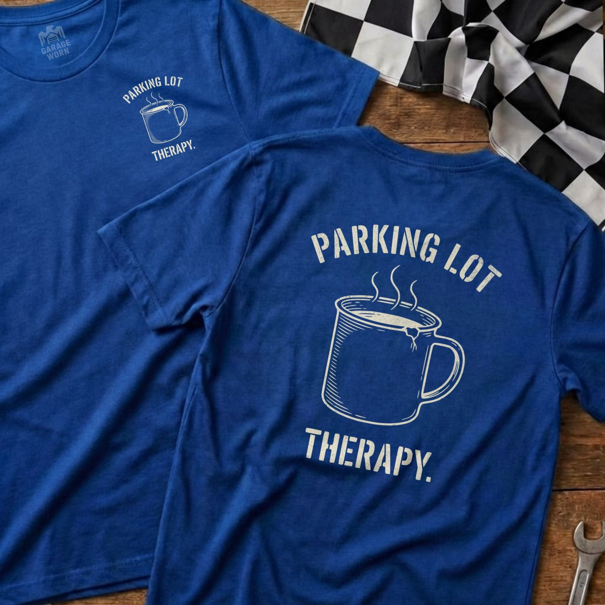 Blue t-shirt with "PARKING LOT THERAPY" and a coffee cup graphic.