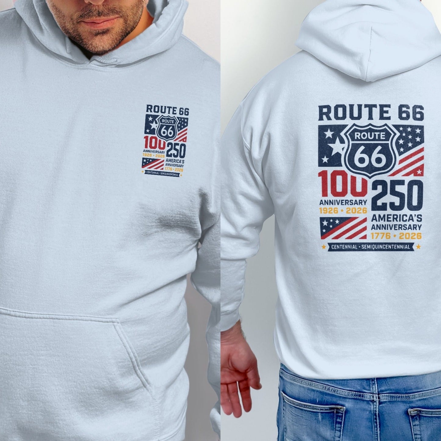 White hoodie with Route 66 100th and 250th Anniversary graphic.