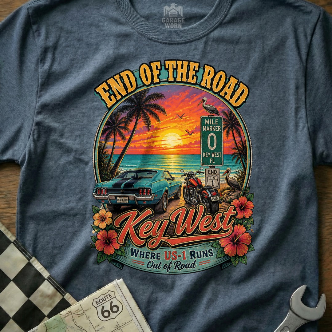 Key West t-shirt with sunset, car, motorcycle, and "End of the Road" text.