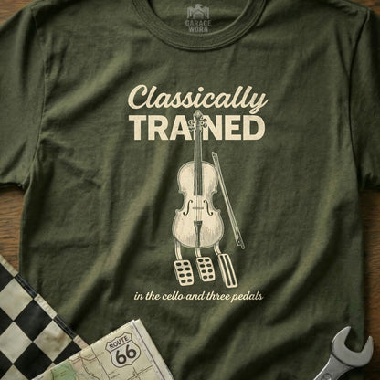 Olive t-shirt with "Classically Trained" and cello with pedals design.