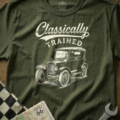 Olive t-shirt with graphic of a classic car and text "Classically TRAINED."