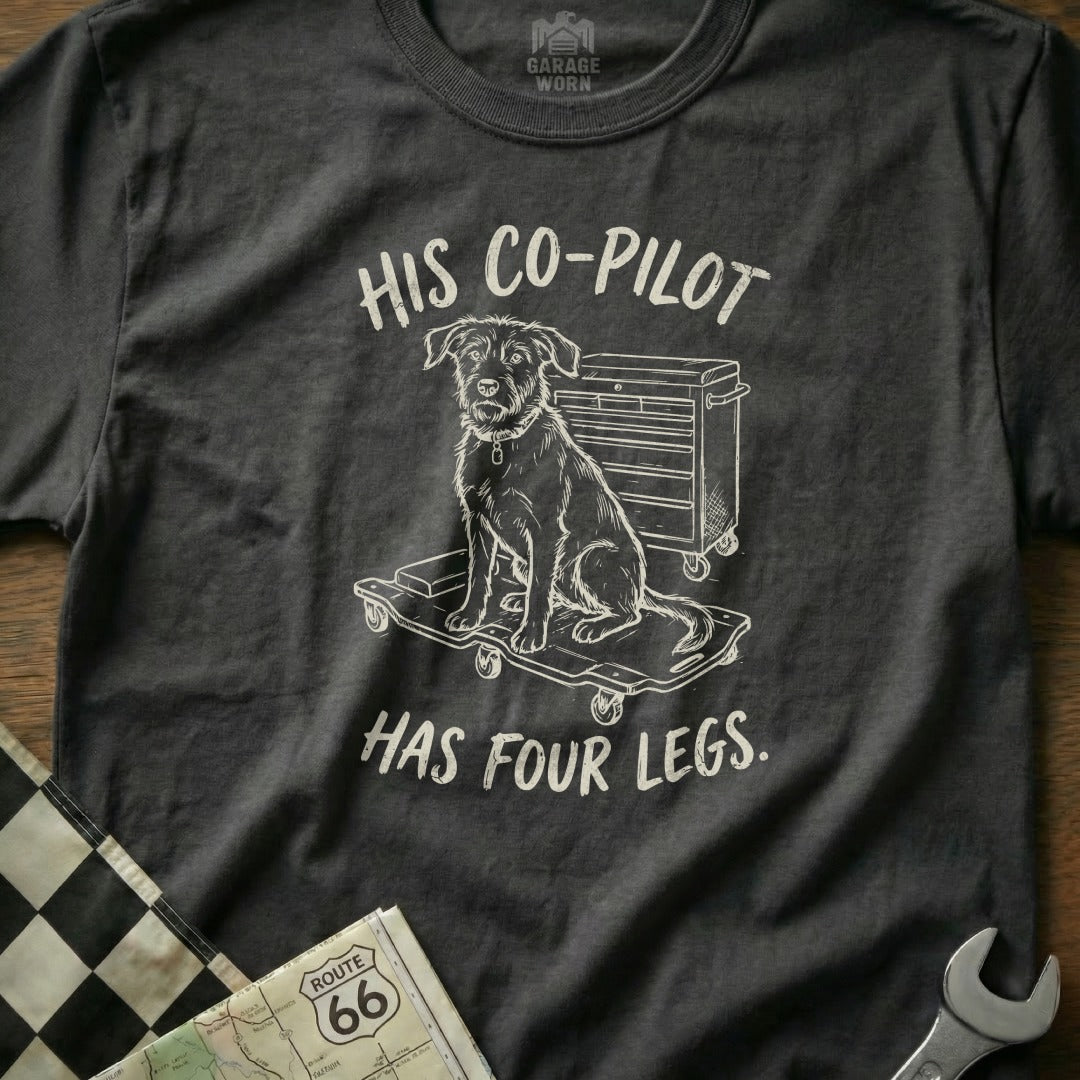 Dark grey t-shirt with dog on toolbox and text "HIS CO-PILOT HAS FOUR LEGS."